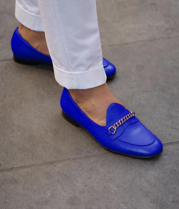 Blue Leather Guida Loafers With Chain