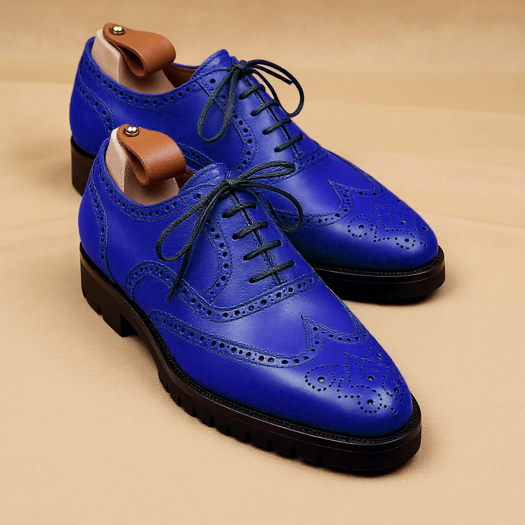 Blue Leather Rene Brogue Chunky Oxfords Shoes WORK EDITION