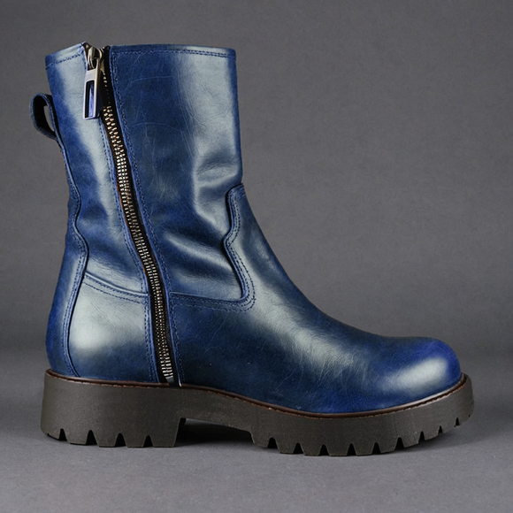 Blue Leather Massimiliano With Thick Sole Zipper Boots