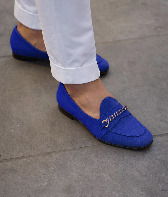 Blue Suede Leather Guida Loafers With Chain