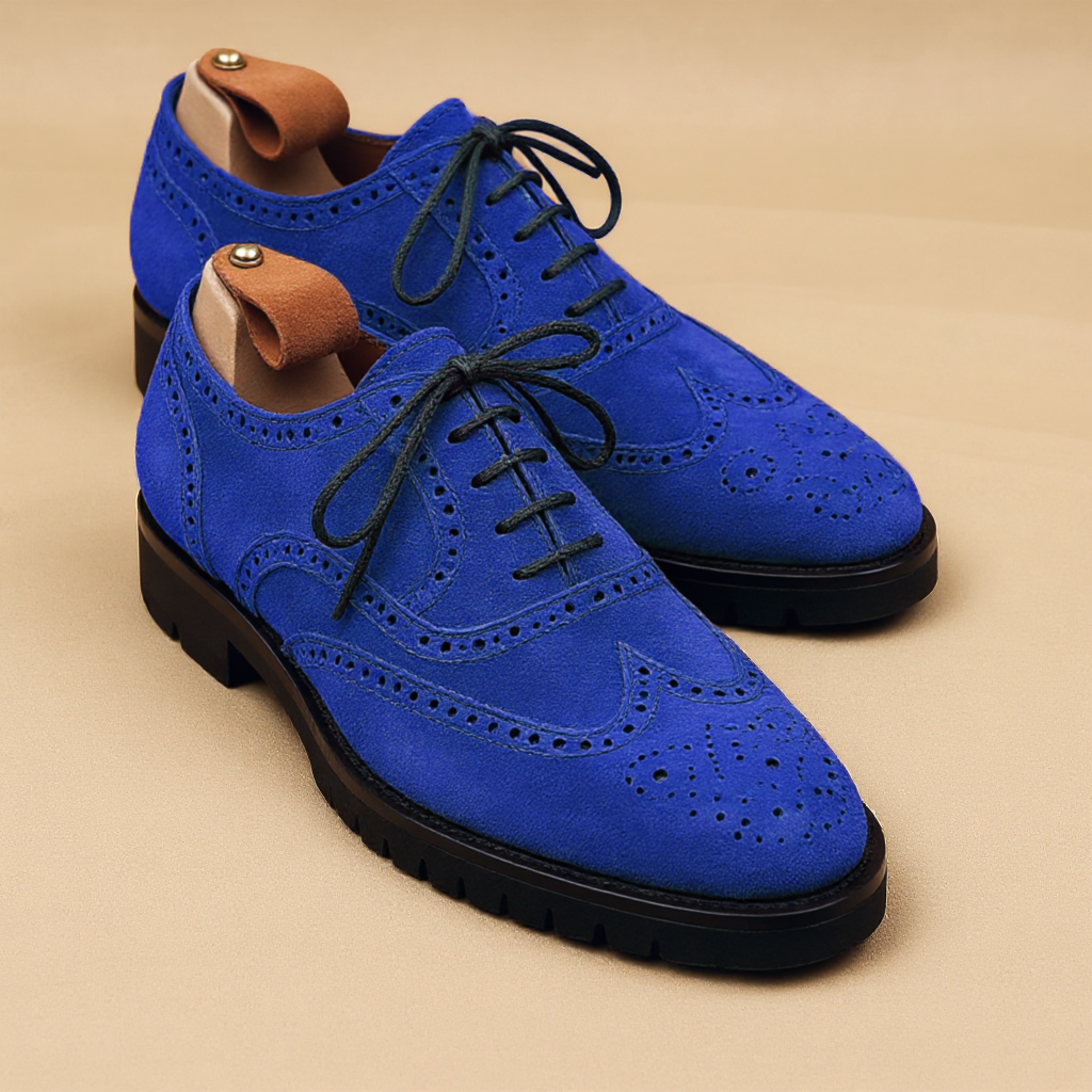 Blue Suede Leather Rene Brogue Chunky Oxfords Shoes WORK EDITION