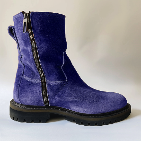 Blue Suede Leather Massimiliano With Thick Sole Zipper Boots