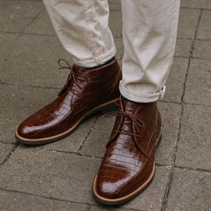 Brown Croc Print Leather Sahara Step Chukka Desert Boots with Leather Sole - Summer 2024 Collection