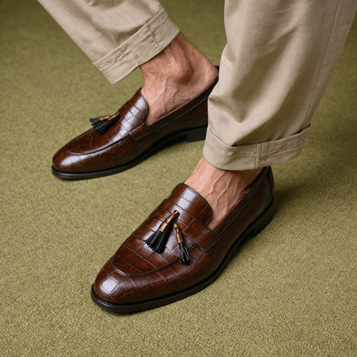 Brown Croc Print Leather Belize Chunky Tassel Loafers - With Track Soles - AW24