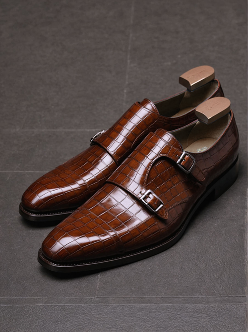 Brown Croc Print Leather Lysander Toe Cap Monk Straps