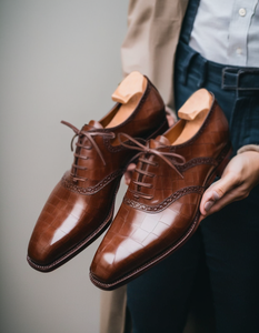 Brown Croc Print Leather Kratio Brogue Oxfords - Formal Shoes