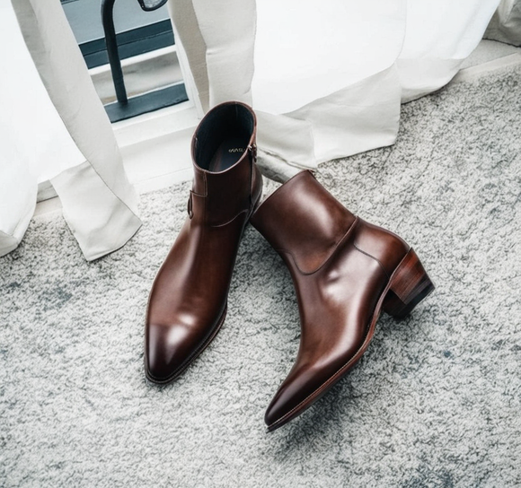 Brown Leather Lazzer Slip On Zipper Pointed Boots