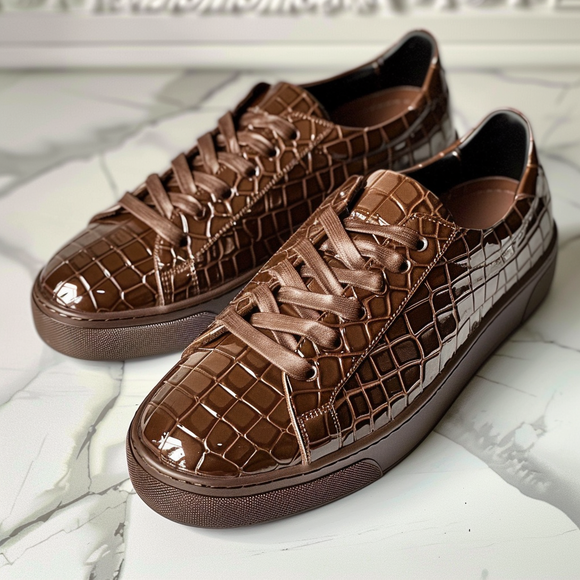 Brown Croc Print Leather Orfeo Lace Up Sneakers