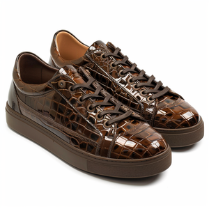 Brown Croc Print Leather Orlando Lace Up Sneakers