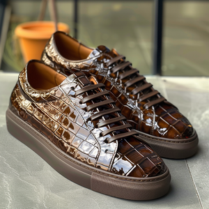 Brown Croc Print Leather Orsino Lace Up Sneakers