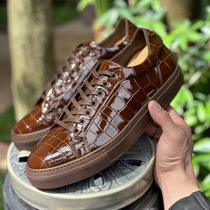 Brown Croc Print Leather Paciano Lace Up Sneakers