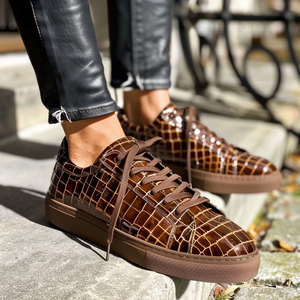 Brown Croc Print Leather Pacifico Lace Up Sneakers