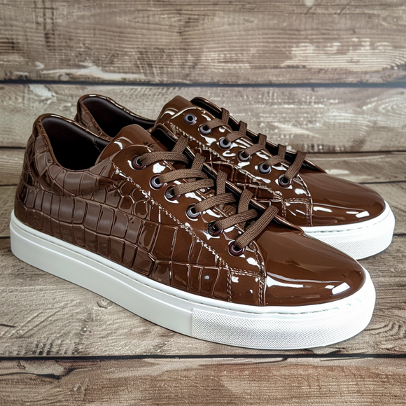 Brown Croc Print Leather Palmiro Lace Up With White Sole Sneakers