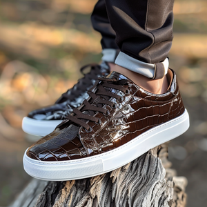 Brown Croc Print Leather Pantalone Lace Up With White Sole Sneakers