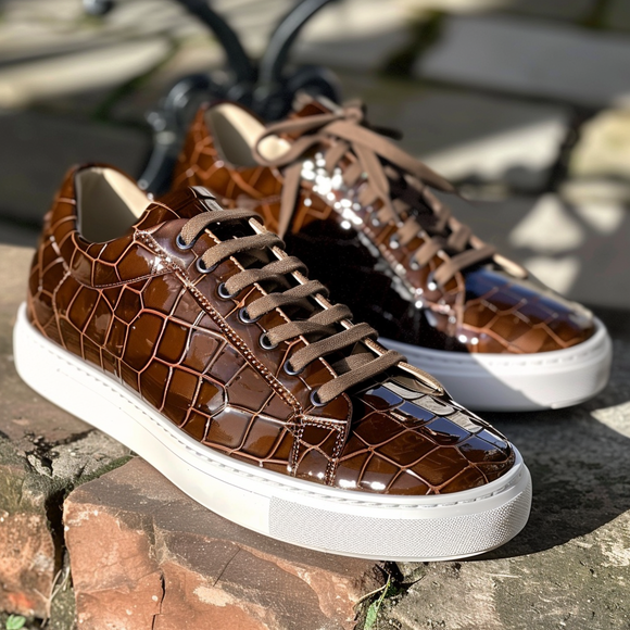 Brown Croc Print Leather Pantaleo Lace Up With White Sole Sneakers