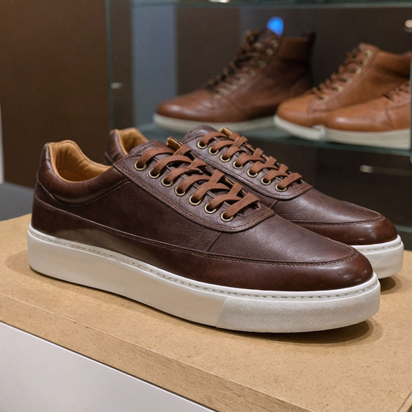 Brown Leather Damiano With Thick White Sole Sneakers