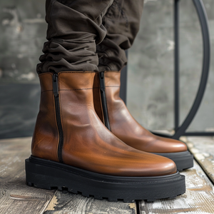 Brown Leather Efrem With Thick Sole Zipper Boots