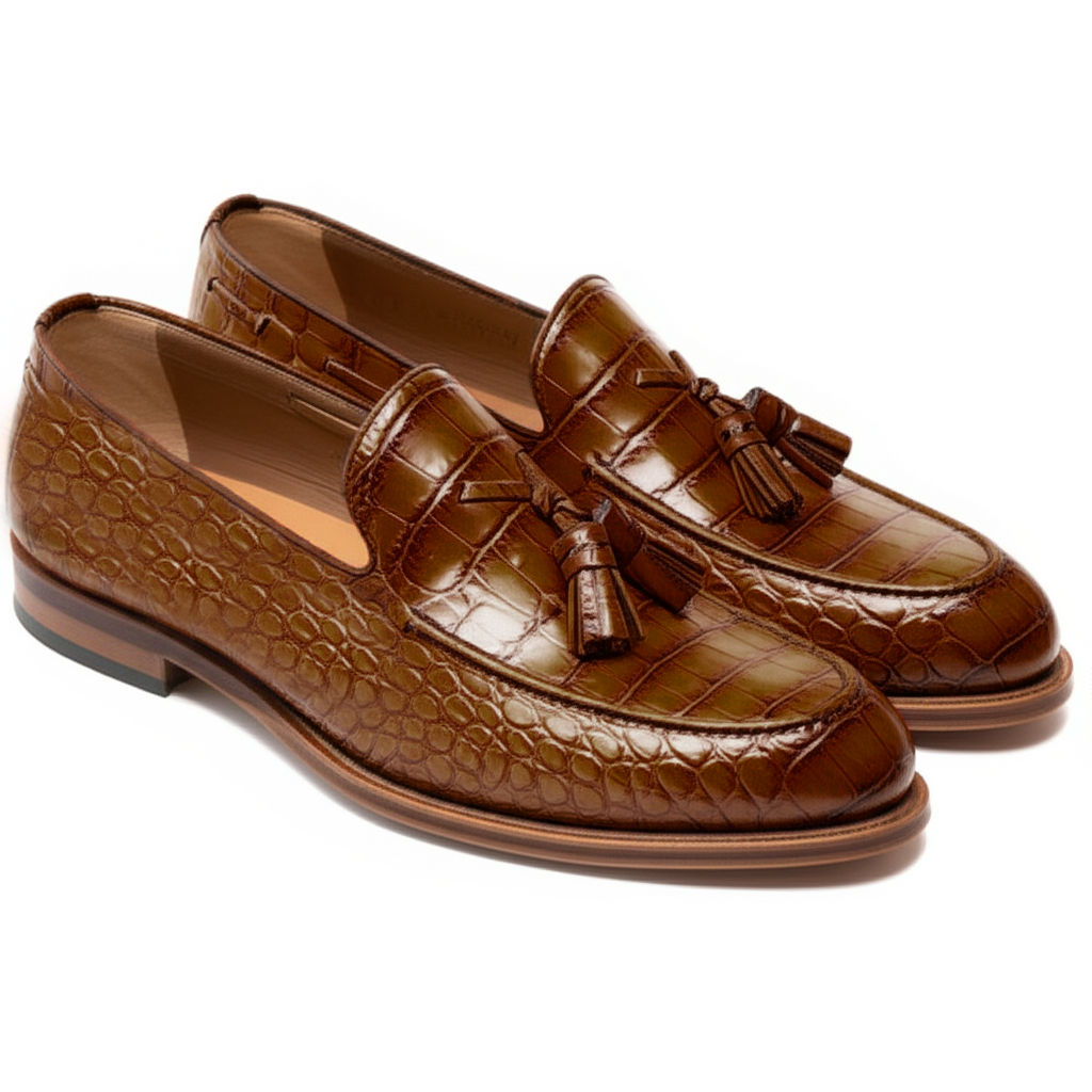 Brown Croc Print Leather Barbican Tassel Loafers