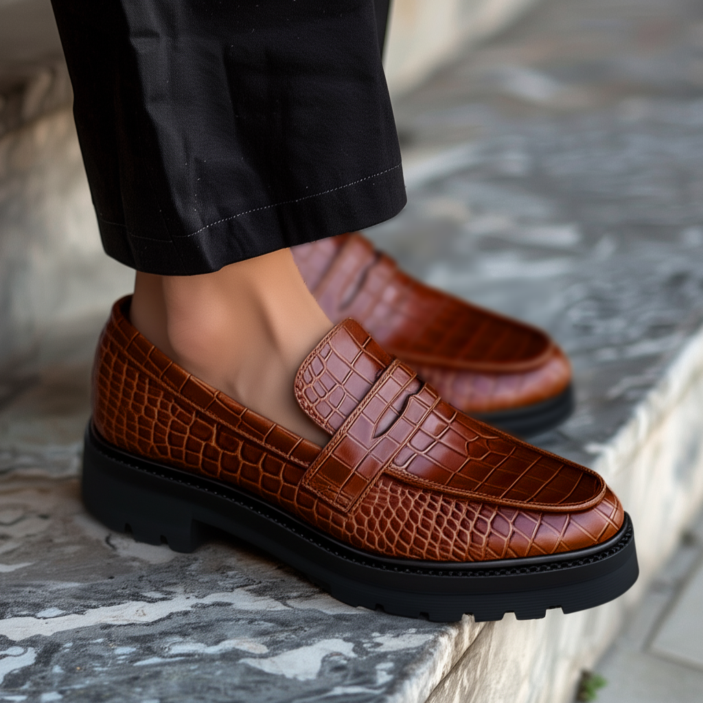 Brown Croc Print Leather Aristide With Thick Sole Loafers