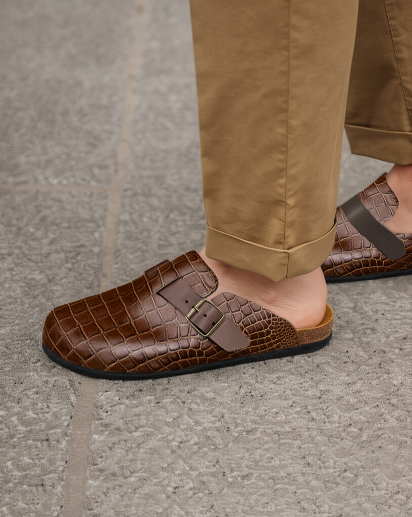 Brown Croc Print Leather Pedestal Platforms Clogs - Summer 2024 Collection