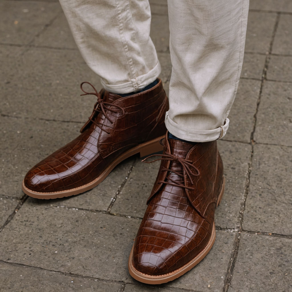 Brown Croc Print Leather Sahara Step Chukka Desert Boots with Leather Sole - Summer 2024 Collection