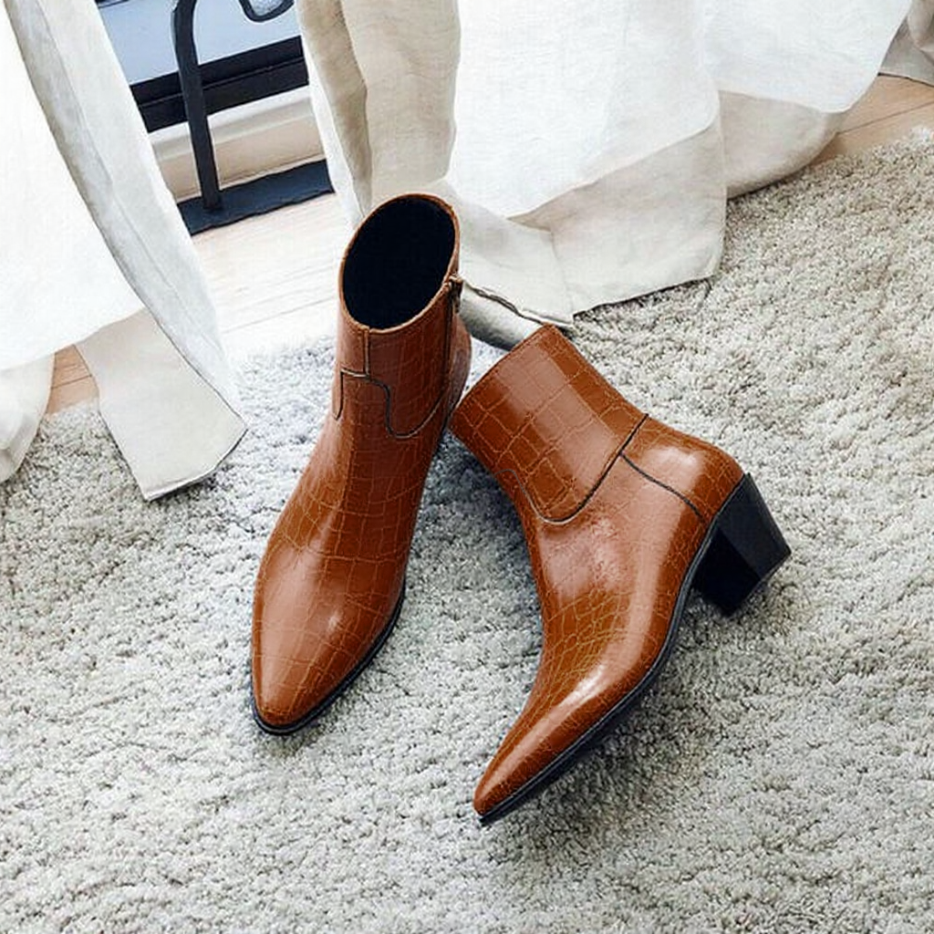 Brown Croc Print Leather Fiorina Slip On Zipper Pointed Boots for Men - AW24