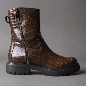 Brown Croc Print Leather Massimiliano With Thick Sole Zipper Boots