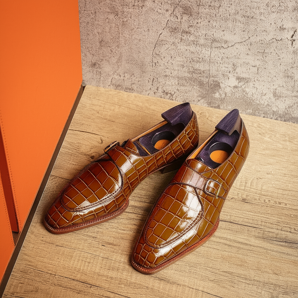 Brown Croc Print Leather Algarve Single Monk Straps - AW24