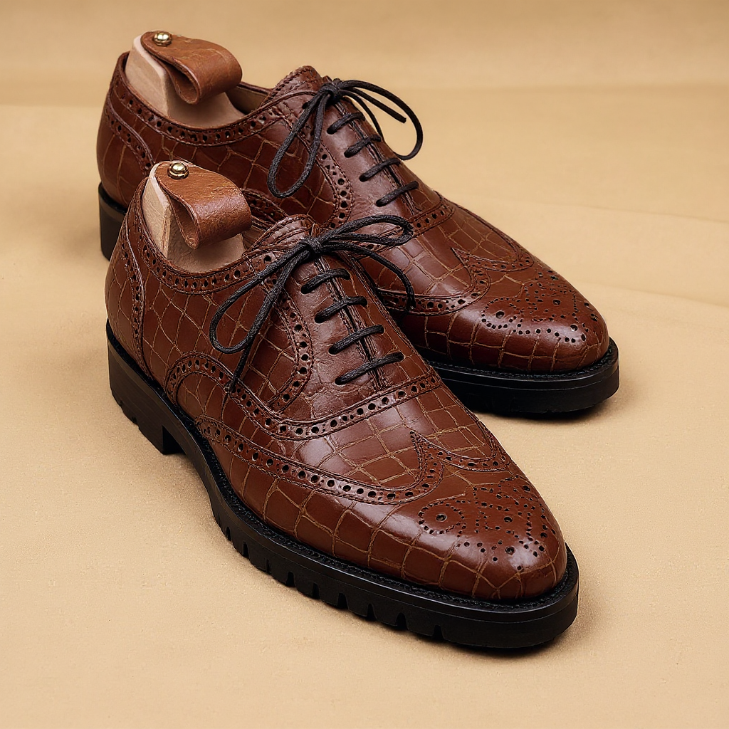 Brown Croc Print Leather Rene Brogue Chunky Oxfords Shoes WORK EDITION