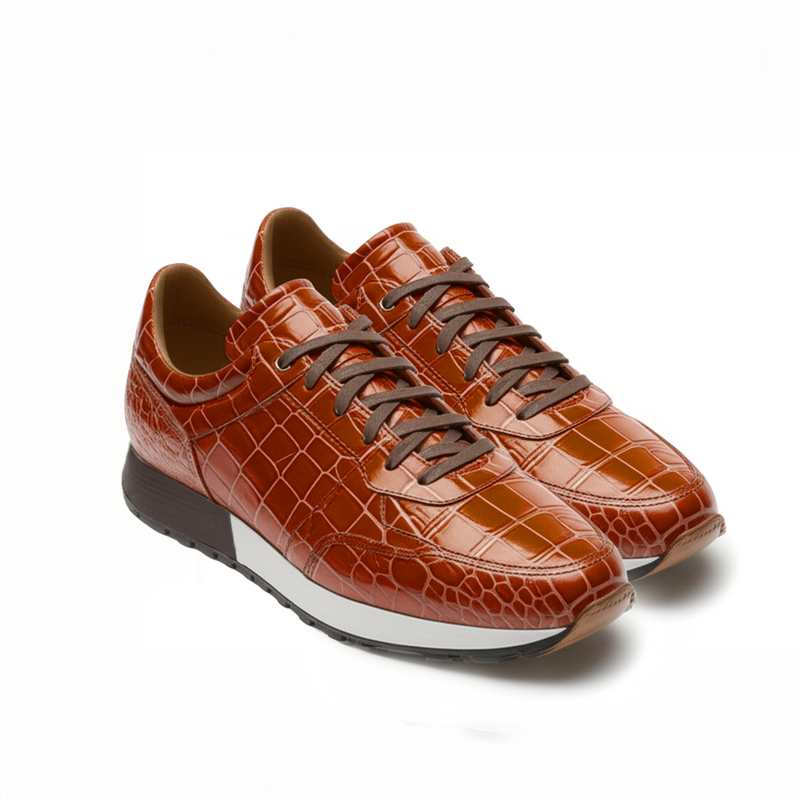 Brown Croc Print Leather Nausori Lace Up Running Sneaker Shoes