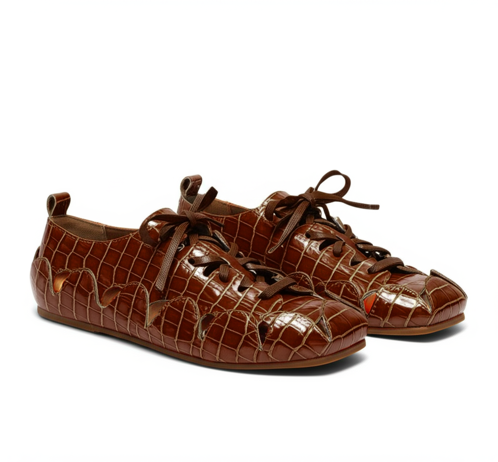Brown Croc Print Leather Amigo Lace-Up Sneakers