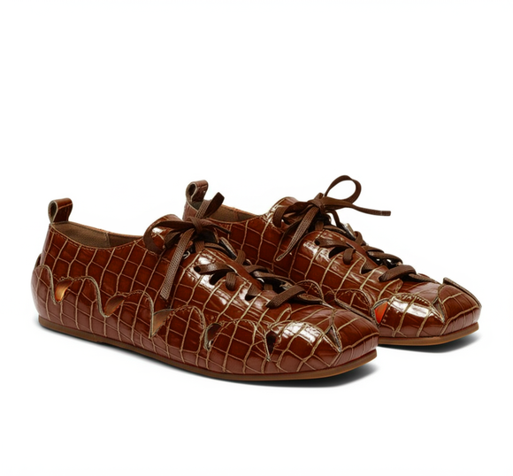 Brown Croc Print Leather Amigo Lace-Up Sneakers