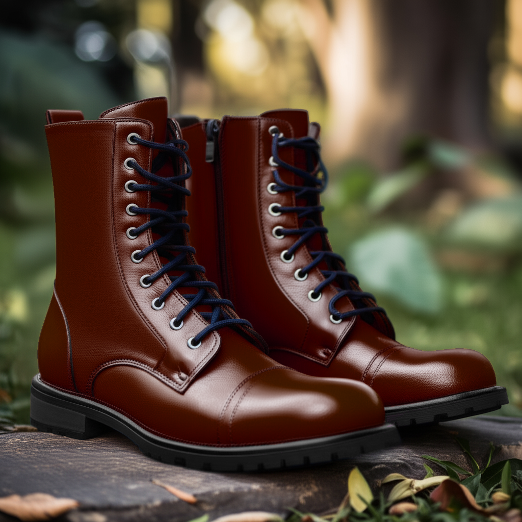 Brown Leather Belinda Chunky Hiking Combat Lace Up Zipper Boots