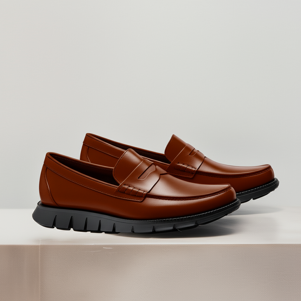 Brown Leather Evarado Penny Loafers with Black Hybrid Sole - SS23