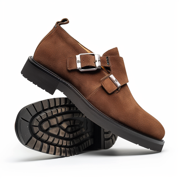 Brown Suede Leather Giordano With Thick Sole Monk Straps