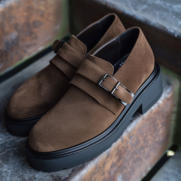 Brown Suede Leather Giovanni With Thick Sole Monk Straps