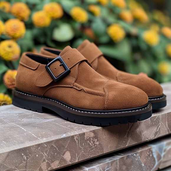 Brown Suede Leather Gioviniano With Thick Sole Monk Straps