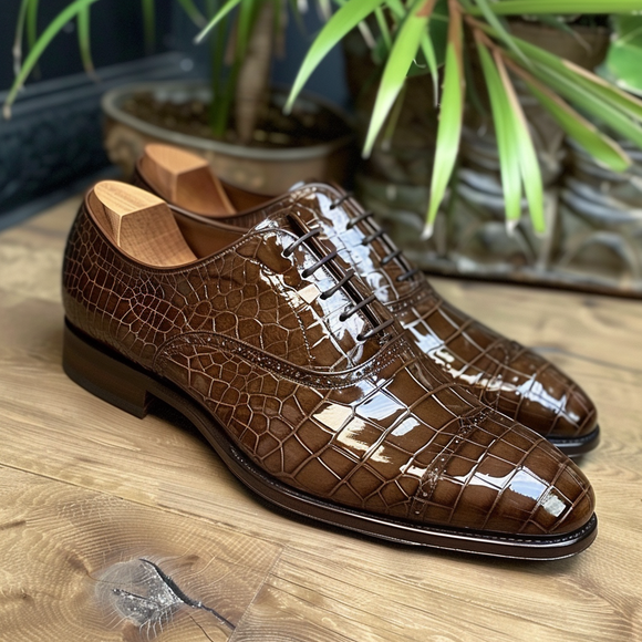 Leone Brown Leather Croc Print Oxford