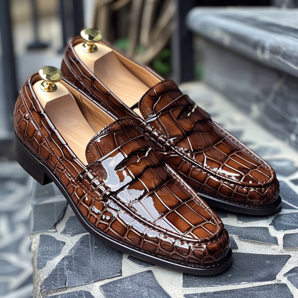 brown Croc Print Leather Bertoldo Loafers