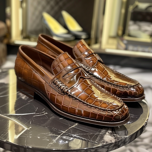 brown Croc Print Leather Celestino Loafers