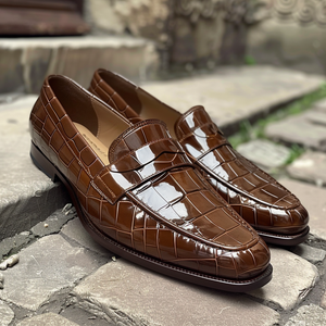 brown Croc Print Leather Cesario Loafers