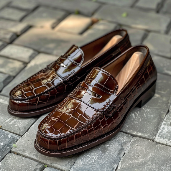 brown Croc Print Leather Cipriano Loafers