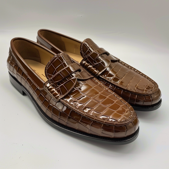 brown Croc Print Leather Costanzo Loafers