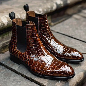 Brown Croc Print Leather Quirino ride Slip On Chelsea Boots