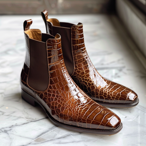 Brown Croc Print Leather Renato ride Slip On Chelsea Boots