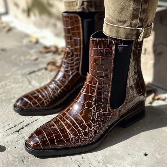 Brown Croc Print Leather Oddone Slip On Chelsea Boots