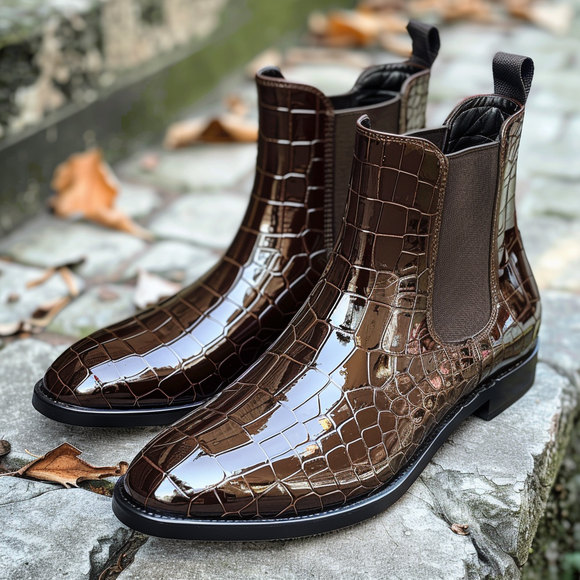 Brown Croc Print Leather Oliviero Slip On Chelsea Boots Costoso Italiano