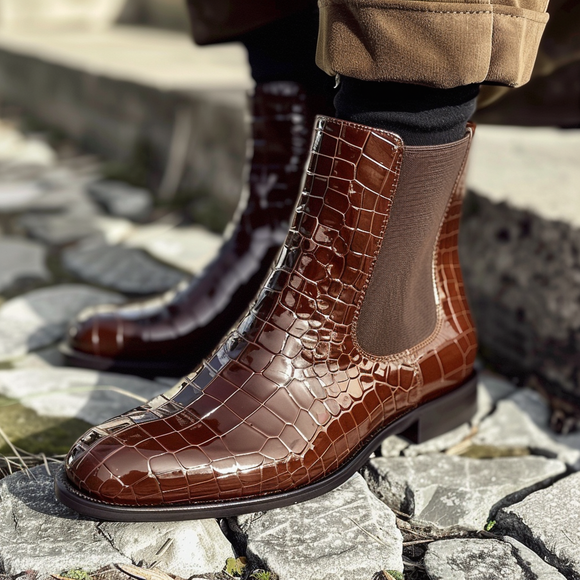 Brown Croc Print Leather Onofrio Slip On Chelsea Boots