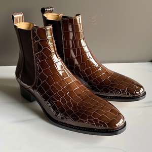 Brown Croc Print Leather Orlando Slip On Chelsea Boots