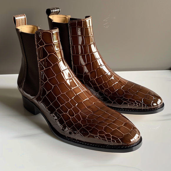 Brown Croc Print Leather Orlando Slip On Chelsea Boots